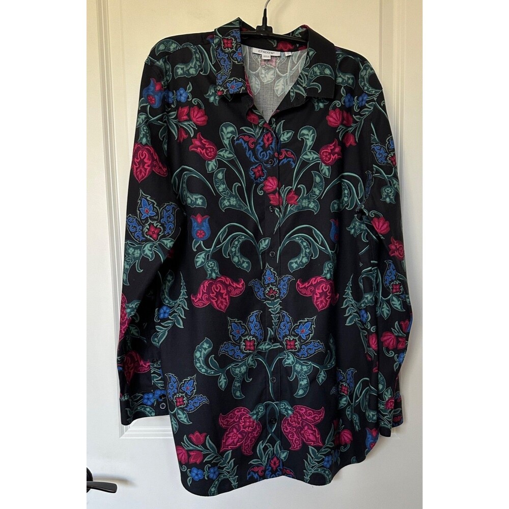 Chico's  Black Tunic w Pink Blue Green Floral Chico’s 2 (Large / US 12) NWOT